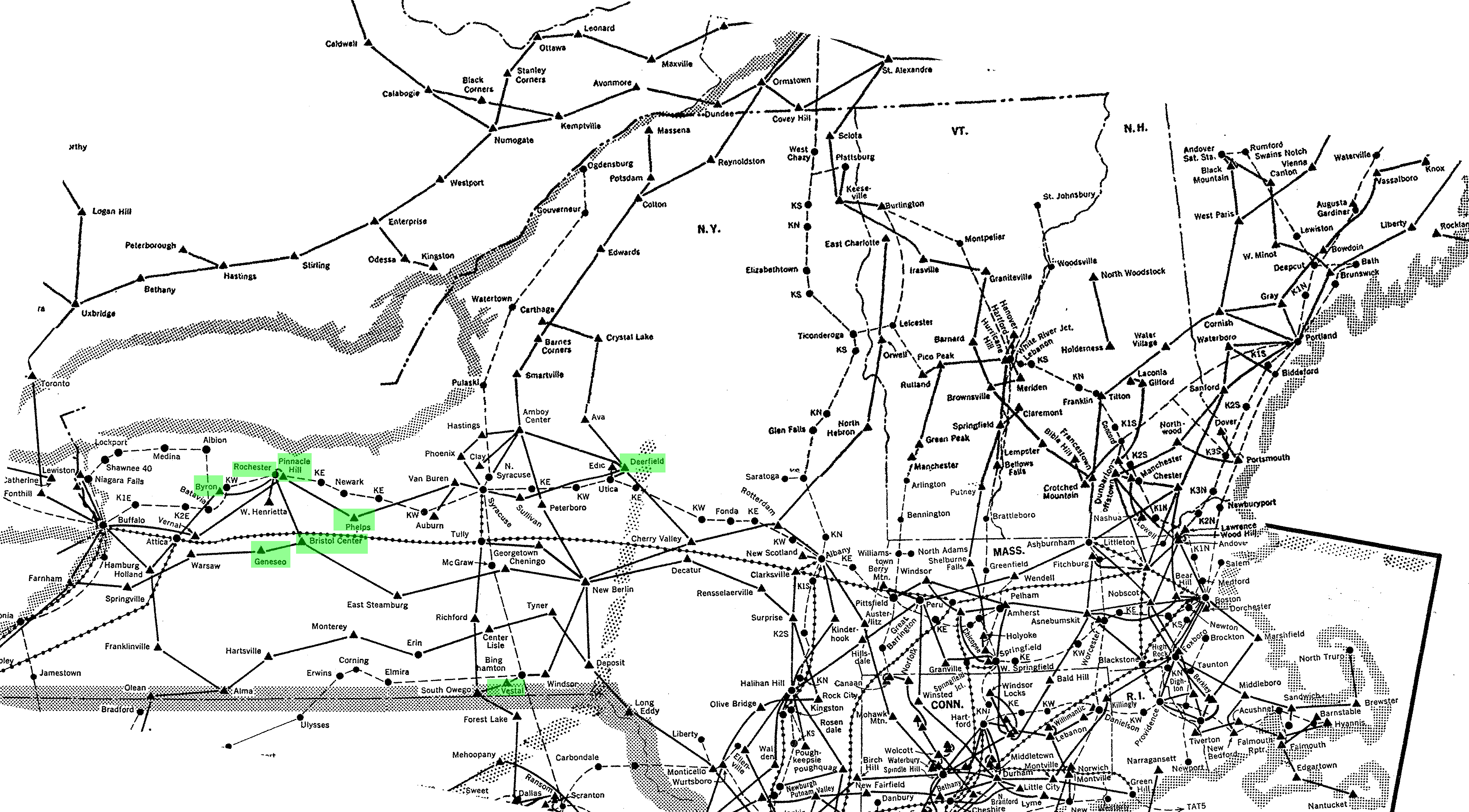 A map of AT&T/Bell Long Lines towers in upstate New York state